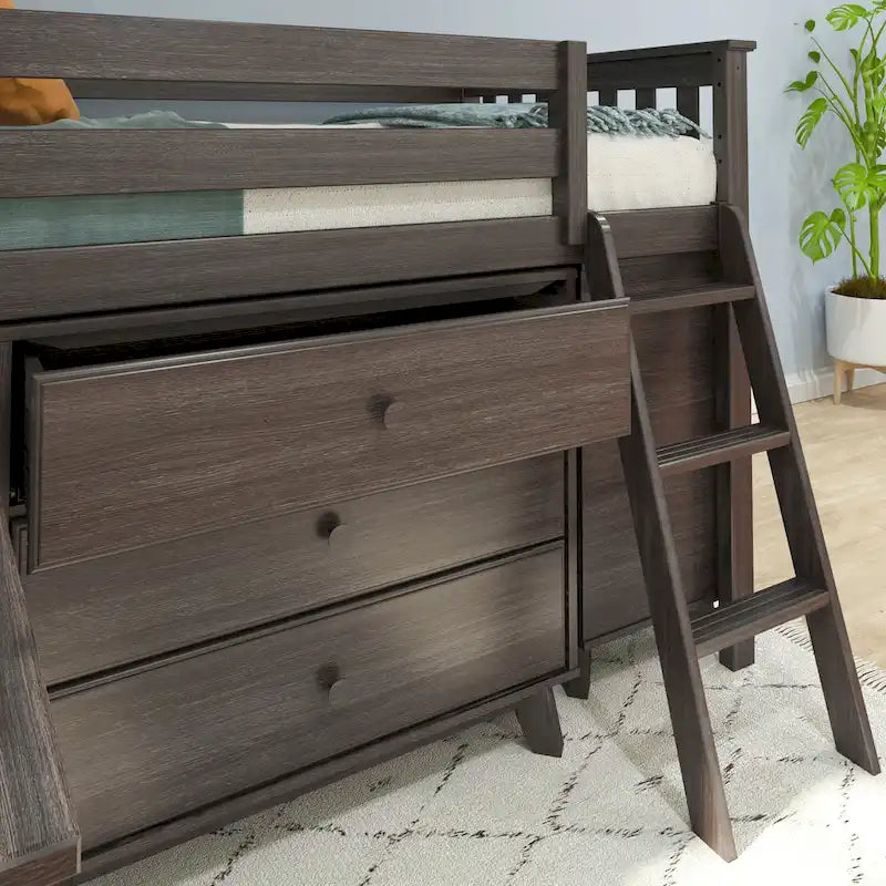 Lit mi-hauteur simple avec bureau coulissant et commodes à 3 tiroirs