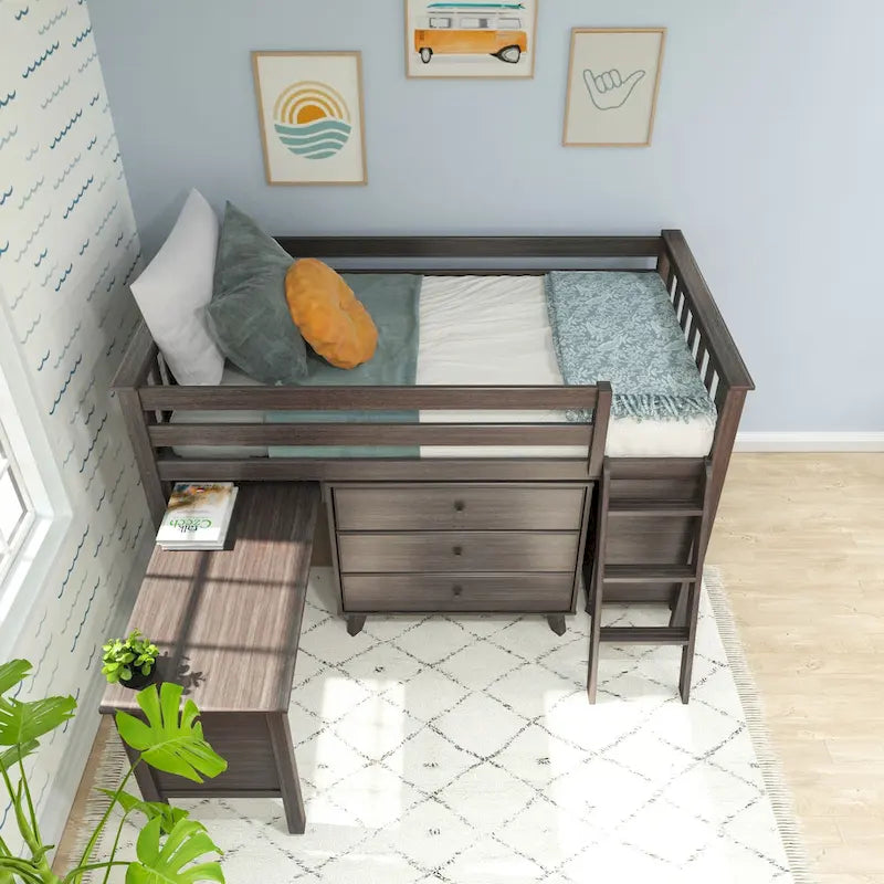 Lit mi-hauteur simple avec bureau coulissant et commodes à 3 tiroirs