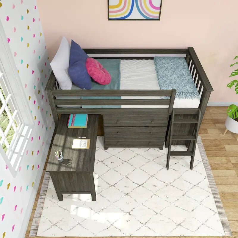 Lit mi-hauteur simple avec bureau coulissant et commodes à 3 tiroirs