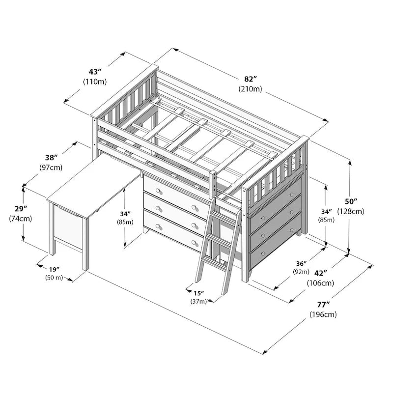 Lit mi-hauteur simple avec bureau coulissant et commodes à 3 tiroirs