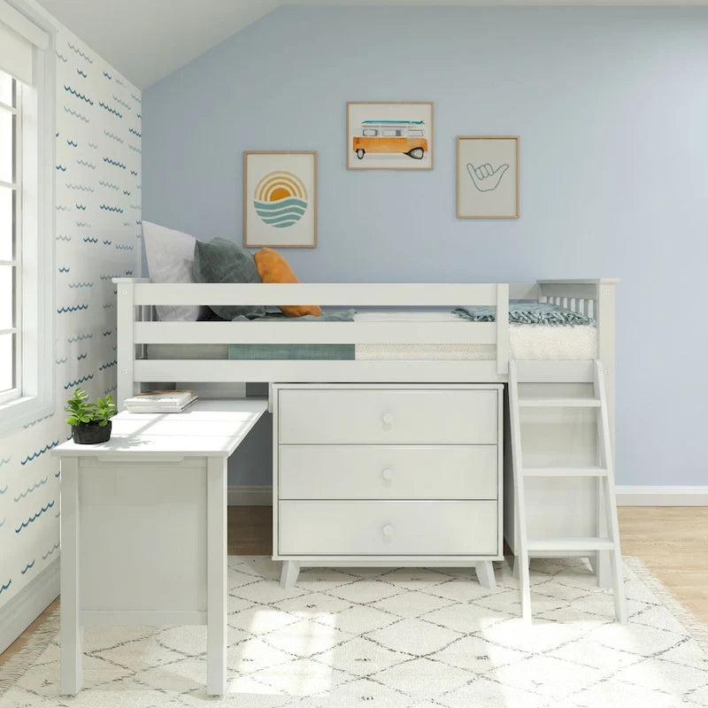 Lit mi-hauteur simple avec bureau coulissant et commodes à 3 tiroirs