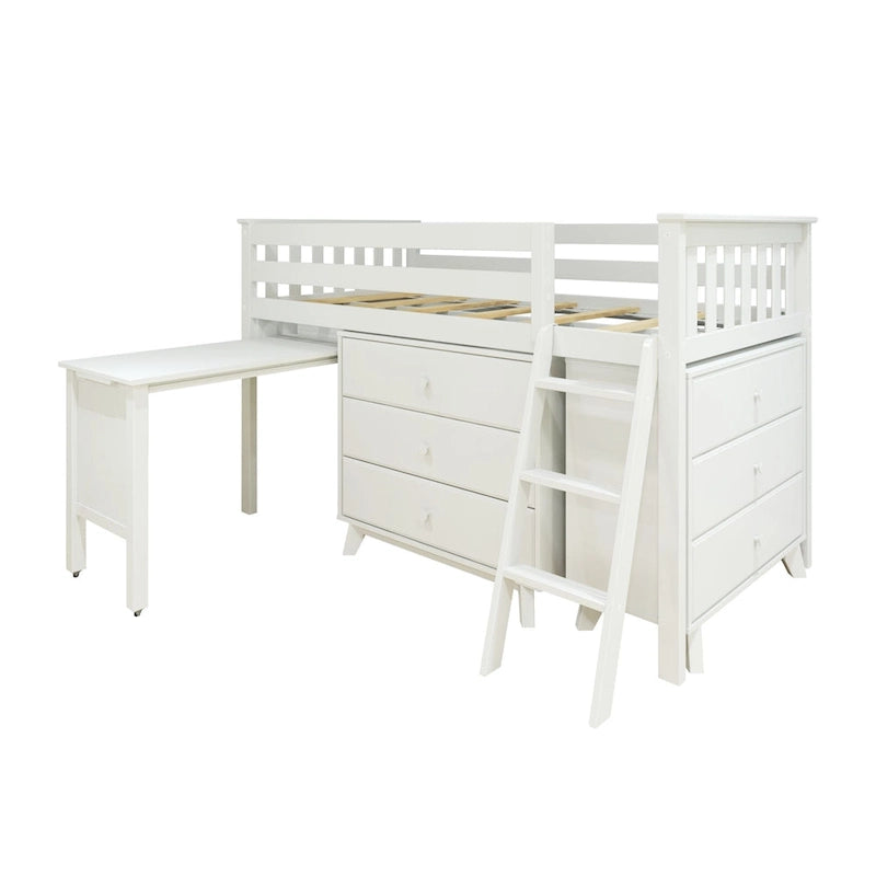 Lit mi-hauteur simple avec bureau coulissant et commodes à 3 tiroirs