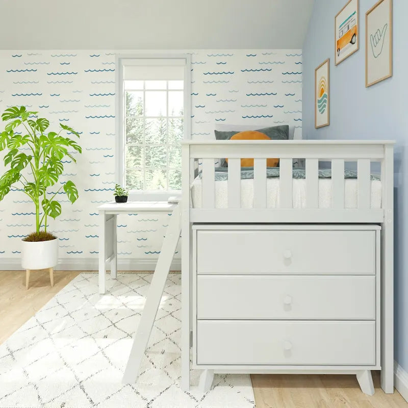 Lit mi-hauteur simple avec bureau coulissant et commodes à 3 tiroirs