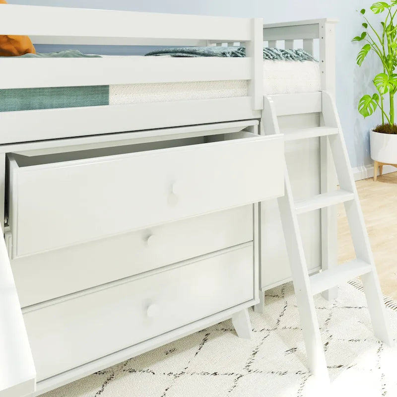 Lit mi-hauteur simple avec bureau coulissant et commodes à 3 tiroirs