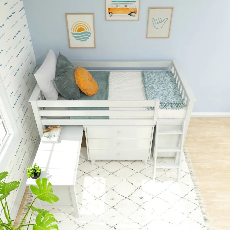 Lit mi-hauteur simple avec bureau coulissant et commodes à 3 tiroirs
