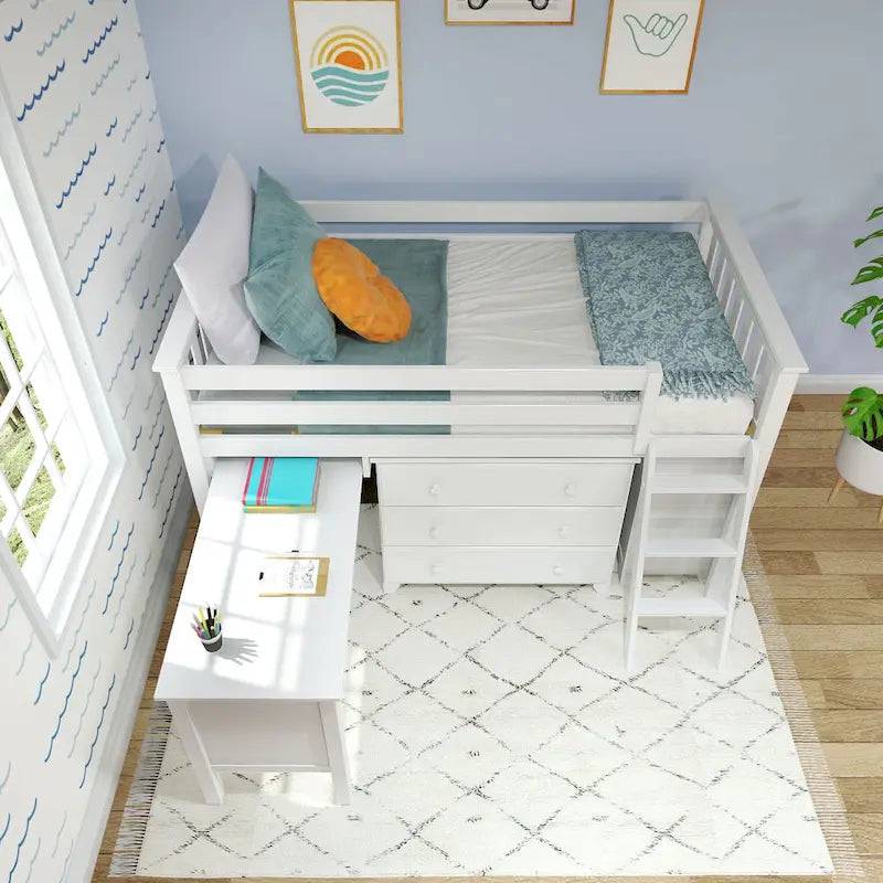Lit mi-hauteur simple avec bureau coulissant et commodes à 3 tiroirs