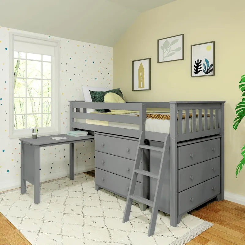 Lit mi-hauteur simple avec bureau coulissant et commodes à 3 tiroirs