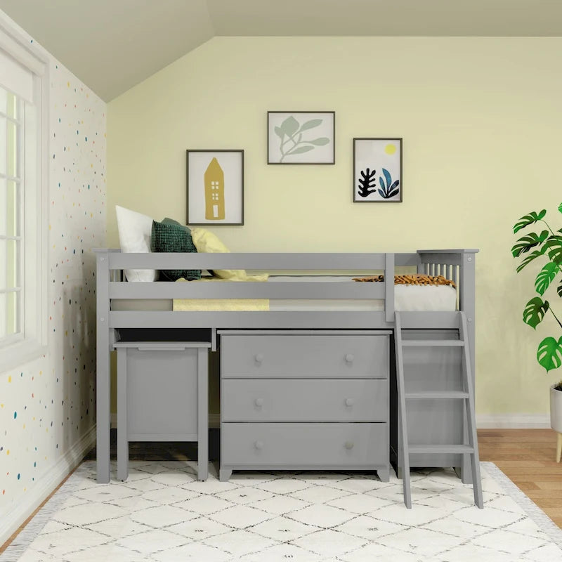 Lit mi-hauteur simple avec bureau coulissant et commodes à 3 tiroirs