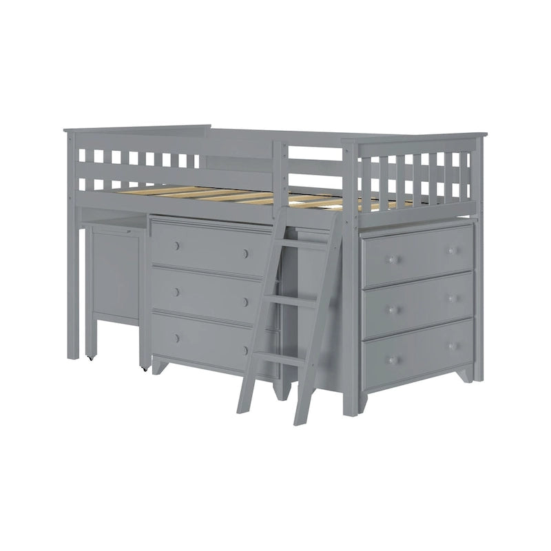 Lit mi-hauteur simple avec bureau coulissant et commodes à 3 tiroirs