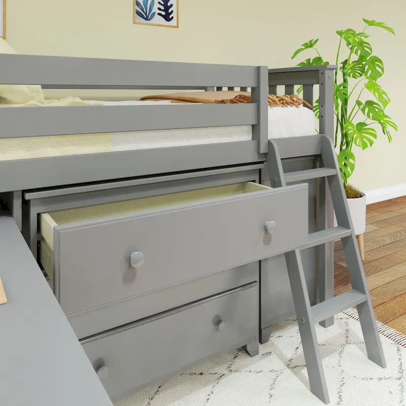 Lit mi-hauteur simple avec bureau coulissant et commodes à 3 tiroirs