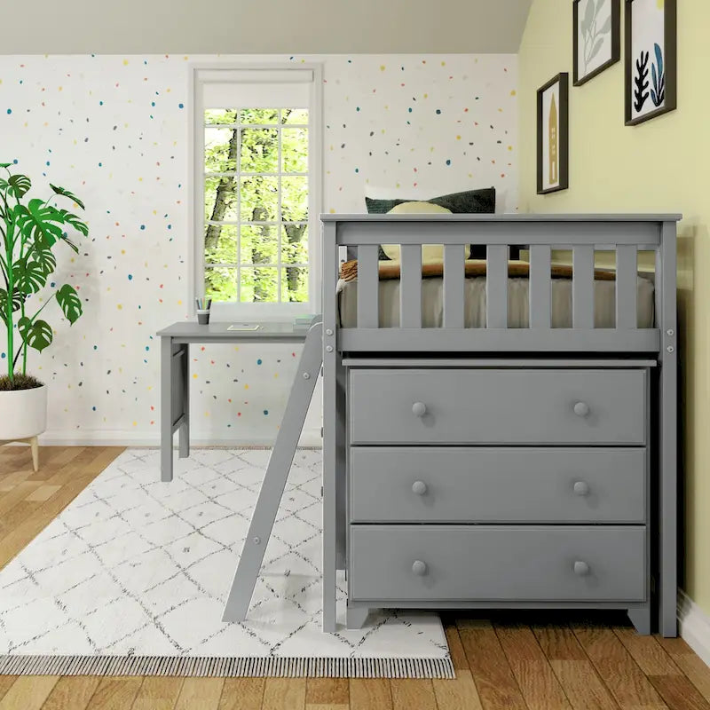 Lit mi-hauteur simple avec bureau coulissant et commodes à 3 tiroirs