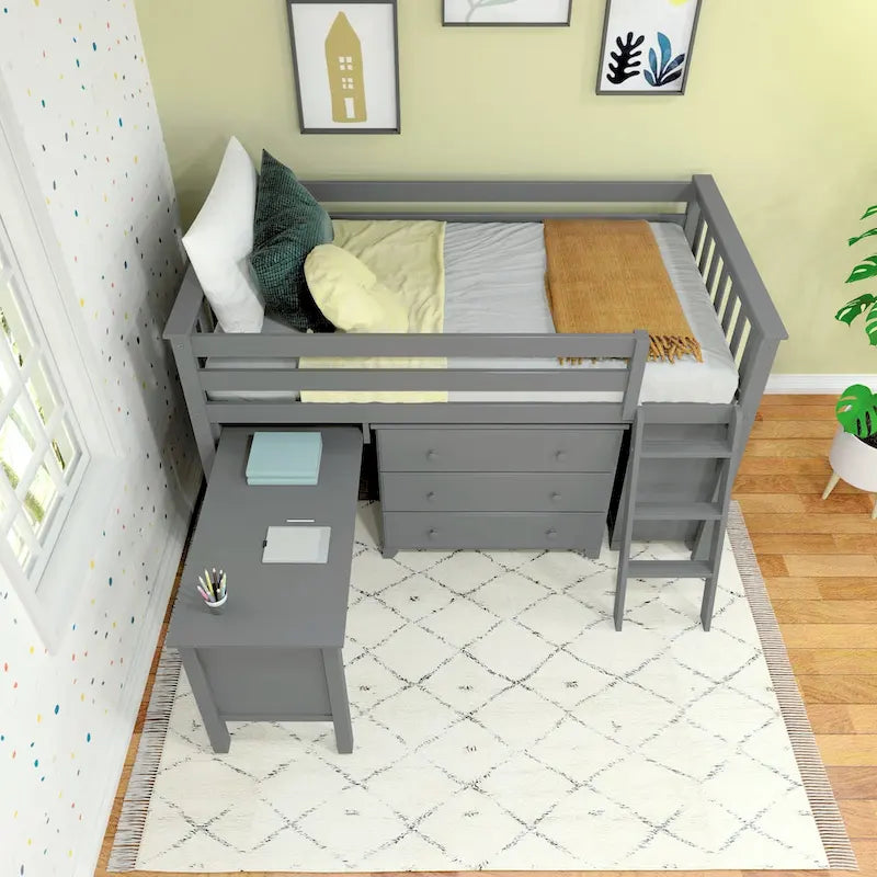 Lit mi-hauteur simple avec bureau coulissant et commodes à 3 tiroirs
