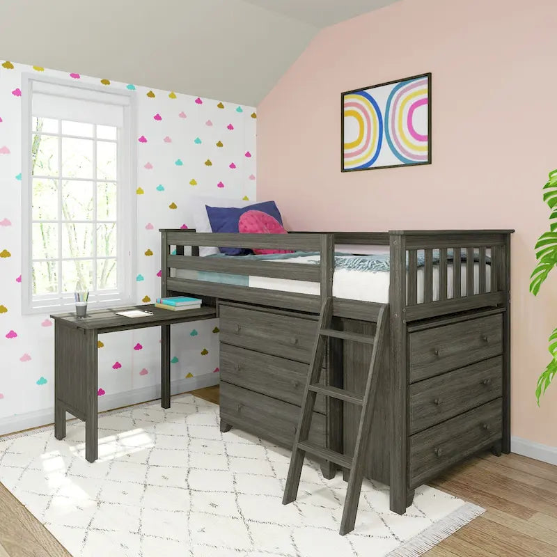 Lit mi-hauteur simple avec bureau coulissant et commodes à 3 tiroirs