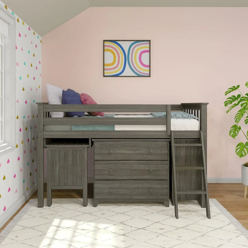 Lit mi-hauteur simple avec bureau coulissant et commodes à 3 tiroirs