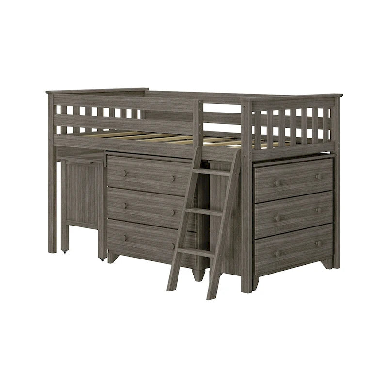 Lit mi-hauteur simple avec bureau coulissant et commodes à 3 tiroirs