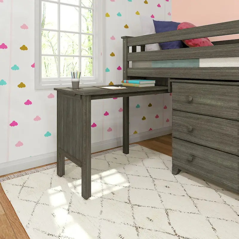 Lit mi-hauteur simple avec bureau coulissant et commodes à 3 tiroirs
