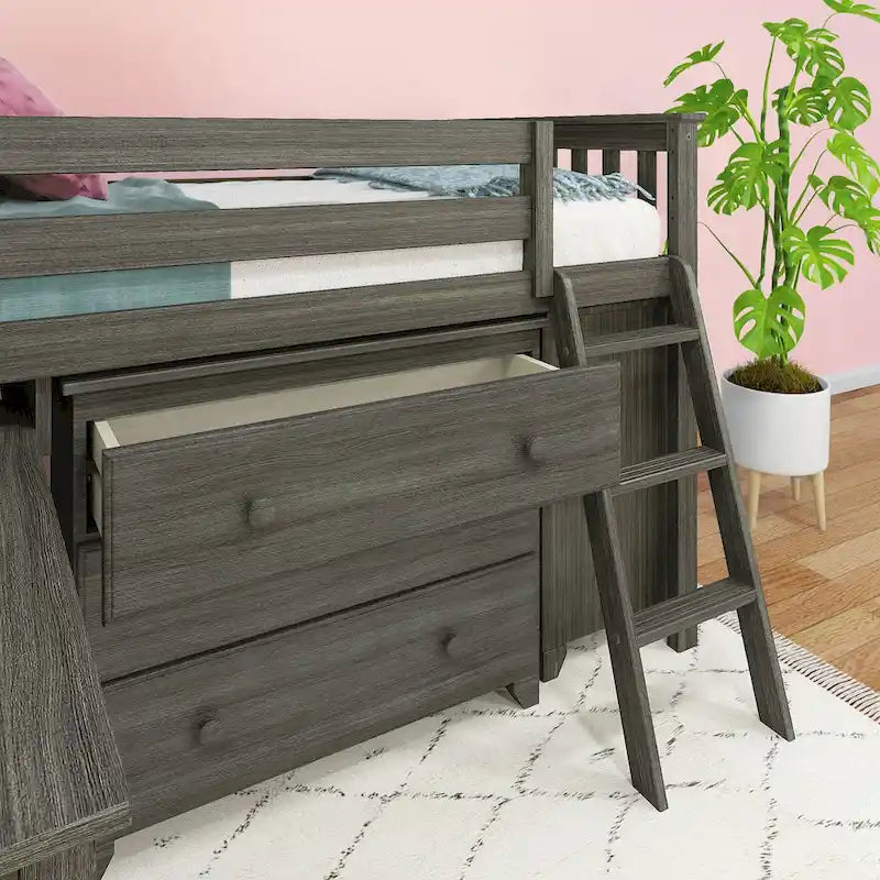 Lit mi-hauteur simple avec bureau coulissant et commodes à 3 tiroirs