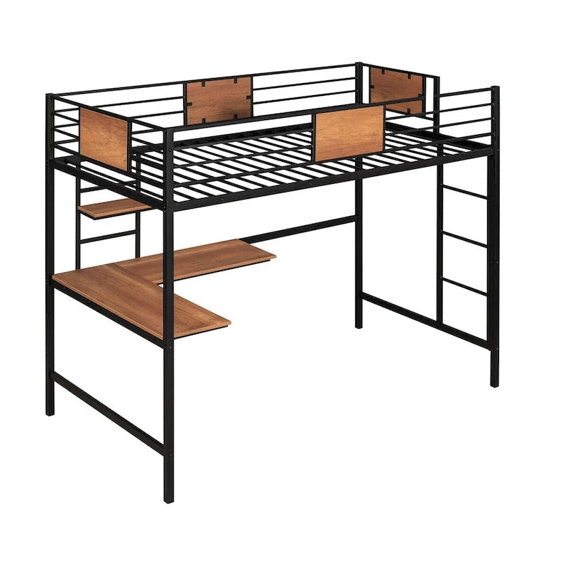 Lit mezzanine double en métal avec bureau et étagère