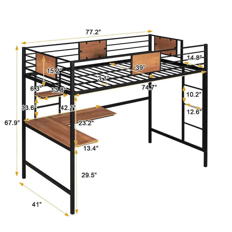 Lit mezzanine double en métal avec bureau et étagère