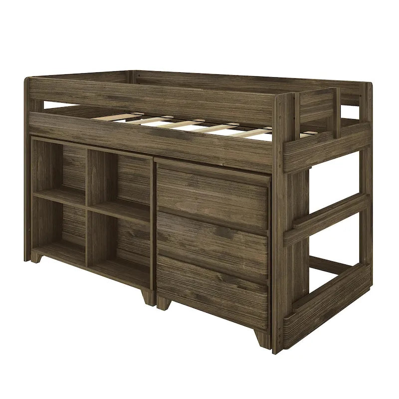 Max and Lily Farmhouse Twin Low Loft with Dresser and Bookcase