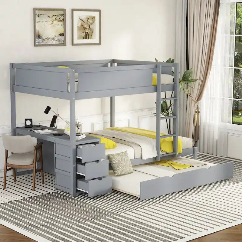 Lit superposé double avec lit gigogne simple, rangement et bureau, lit superposé double