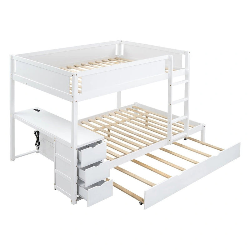 Lit superposé double avec lit gigogne simple, rangement et bureau, lit superposé double