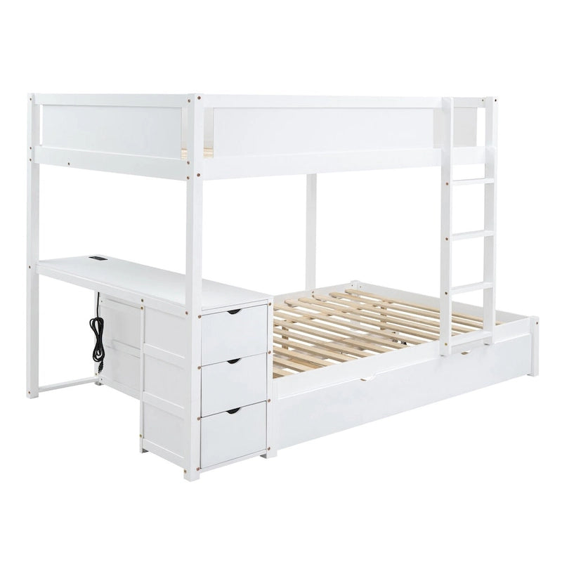 Lit superposé double avec lit gigogne simple, rangement et bureau, lit superposé double