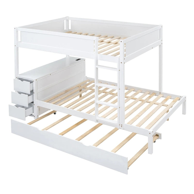 Lit superposé double avec lit gigogne simple, rangement et bureau, lit superposé double