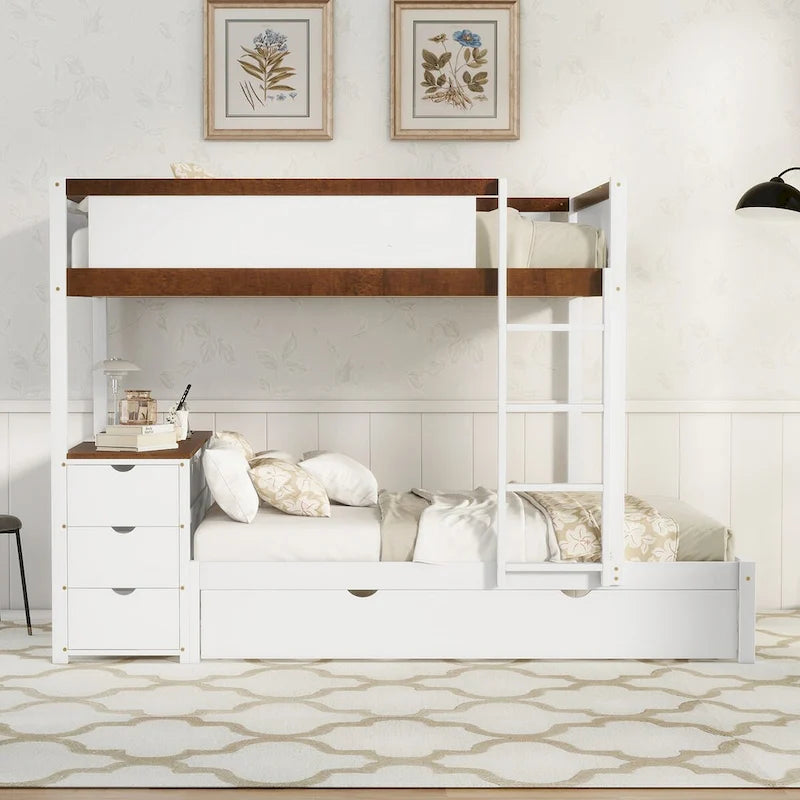 Lit superposé double avec lit gigogne simple, rangement et bureau, lit superposé double