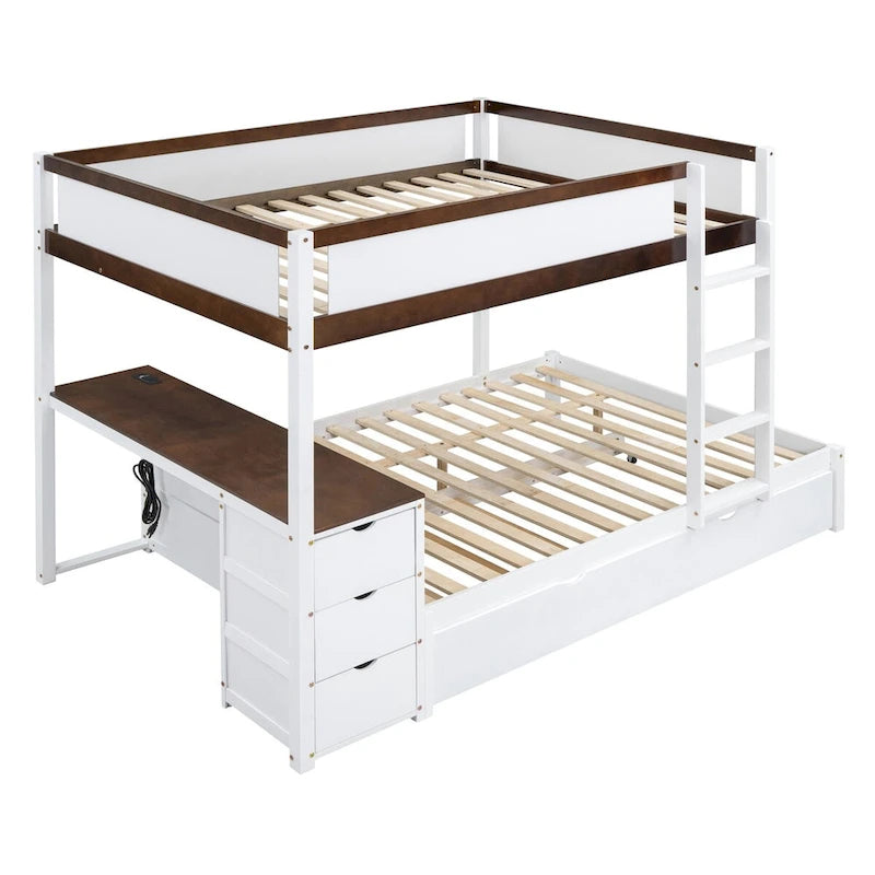 Lit superposé double avec lit gigogne simple, rangement et bureau, lit superposé double