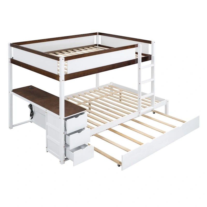 Lit superposé double avec lit gigogne simple, rangement et bureau, lit superposé double