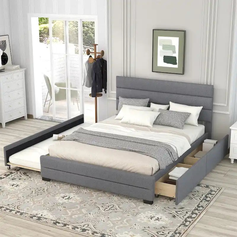 Lit plateforme capitonné Queen beige, lit gigogne, tiroirs de rangement, design moderne, cadre robuste
