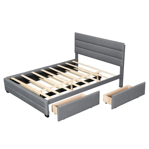 Lit plateforme capitonné Queen beige, lit gigogne, tiroirs de rangement, design moderne, cadre robuste