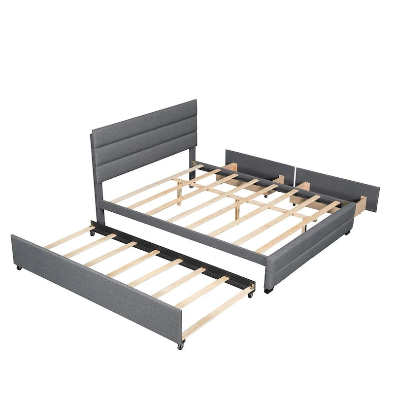 Lit plateforme capitonné Queen beige, lit gigogne, tiroirs de rangement, design moderne, cadre robuste