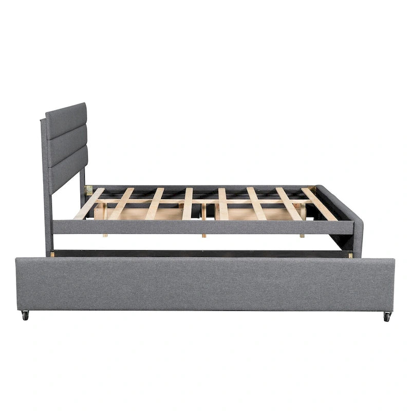 Lit plateforme capitonné Queen beige, lit gigogne, tiroirs de rangement, design moderne, cadre robuste