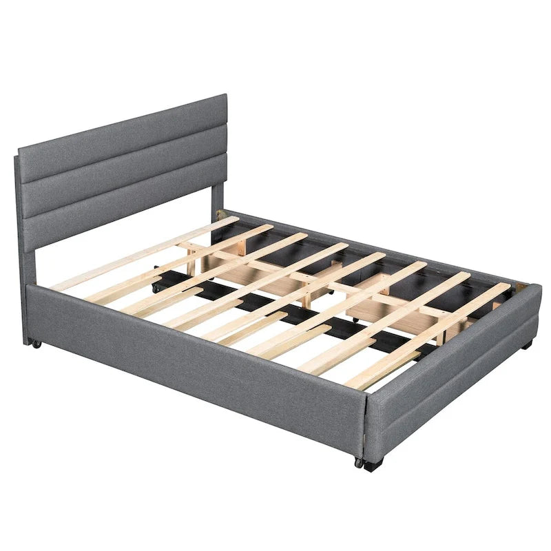 Lit plateforme capitonné Queen beige, lit gigogne, tiroirs de rangement, design moderne, cadre robuste