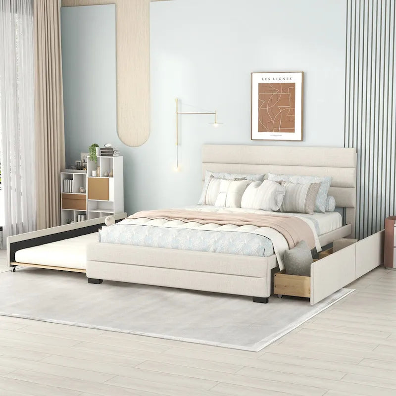 Lit plateforme capitonné Queen beige, lit gigogne, tiroirs de rangement, design moderne, cadre robuste