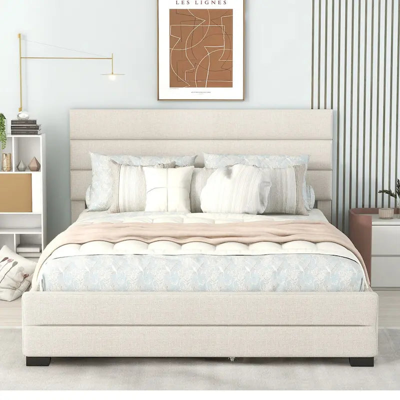Lit plateforme capitonné Queen beige, lit gigogne, tiroirs de rangement, design moderne, cadre robuste