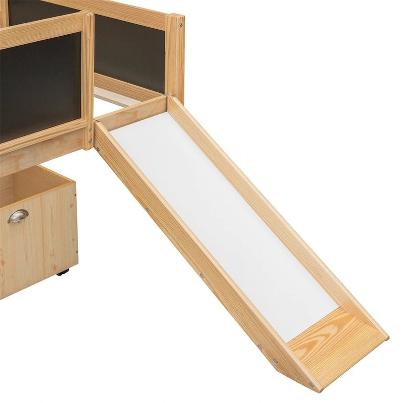 Lit mezzanine double avec cadre d'escalade, tableau noir et deux boîtes de rangement