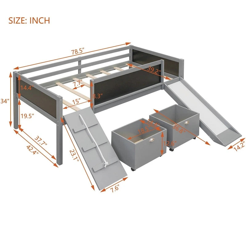 Lit mezzanine double avec cadre d'escalade, tableau noir et deux boîtes de rangement