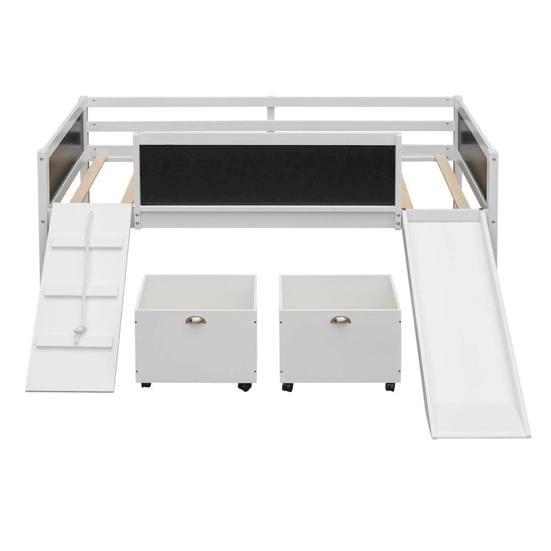 Lit mezzanine double avec cadre d'escalade, tableau noir et deux boîtes de rangement