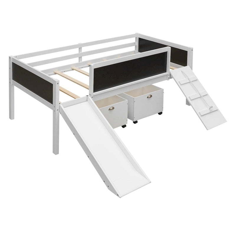 Lit mezzanine double avec cadre d'escalade, tableau noir et deux boîtes de rangement