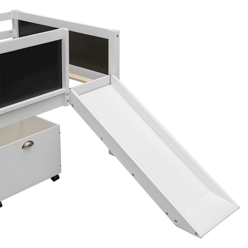 Lit mezzanine double avec cadre d'escalade, tableau noir et deux boîtes de rangement