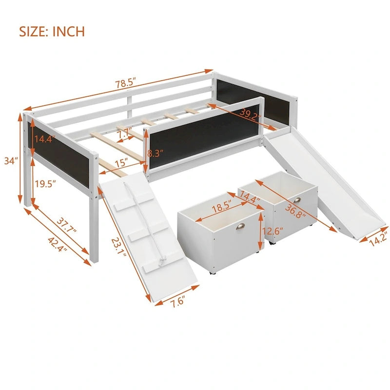 Lit mezzanine double avec cadre d'escalade, tableau noir et deux boîtes de rangement