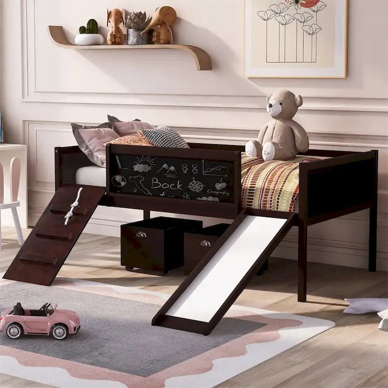 Lit mezzanine double avec cadre d'escalade, tableau noir et deux boîtes de rangement