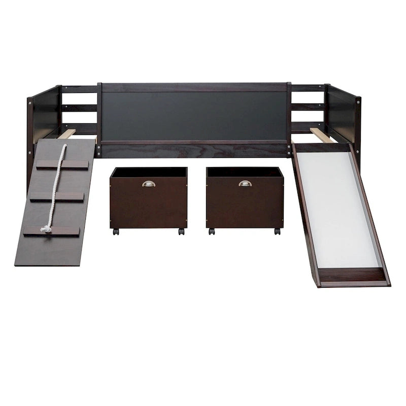 Lit mezzanine double avec cadre d'escalade, tableau noir et deux boîtes de rangement