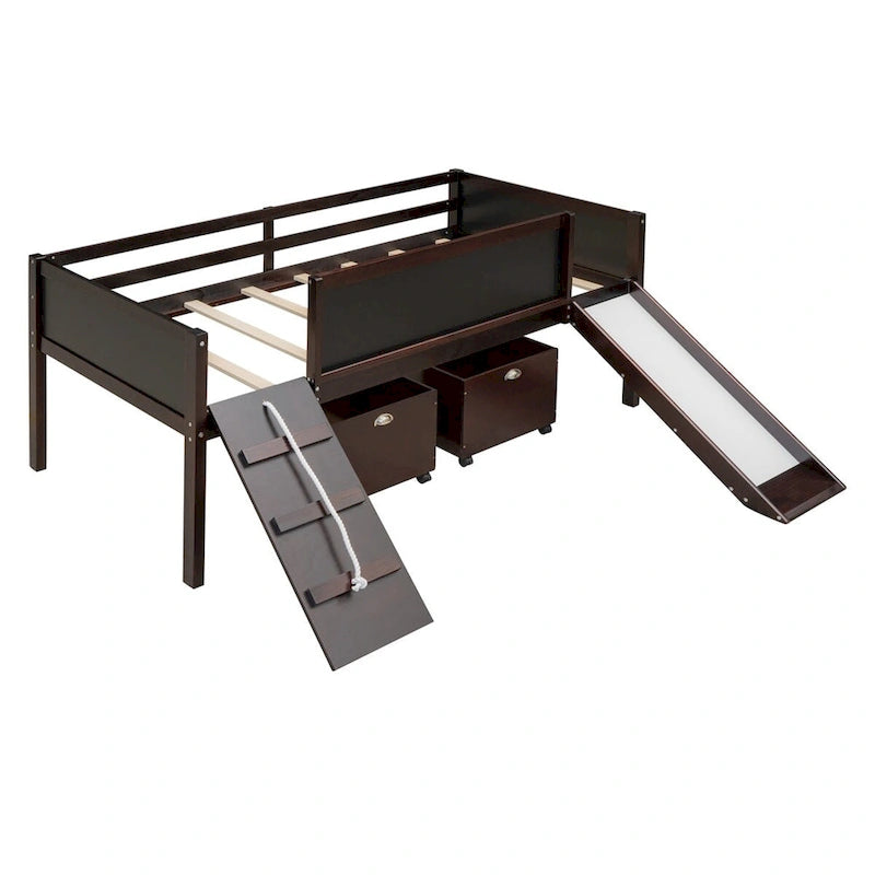 Lit mezzanine double avec cadre d'escalade, tableau noir et deux boîtes de rangement