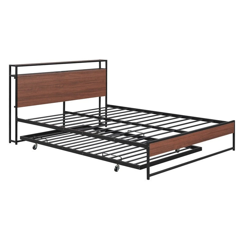 Lit plateforme en métal queen size avec lit gigogne, ports USB, pas besoin de sommier tapissier
