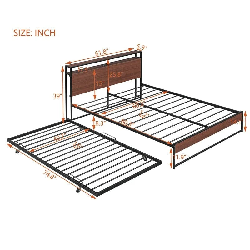 Lit plateforme en métal queen size avec lit gigogne, ports USB, pas besoin de sommier tapissier