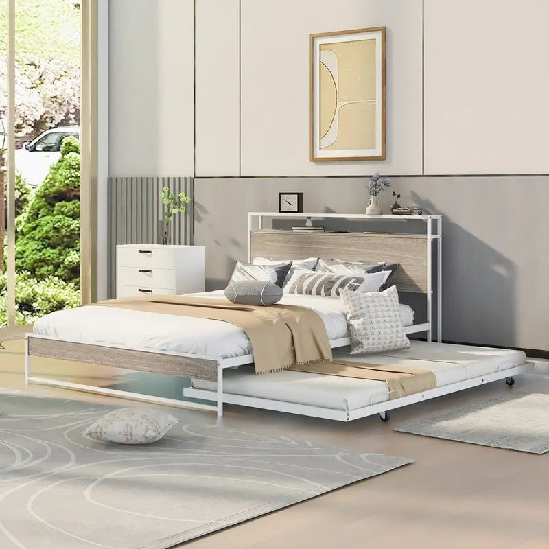 Lit plateforme en métal queen size avec lit gigogne, ports USB, pas besoin de sommier tapissier
